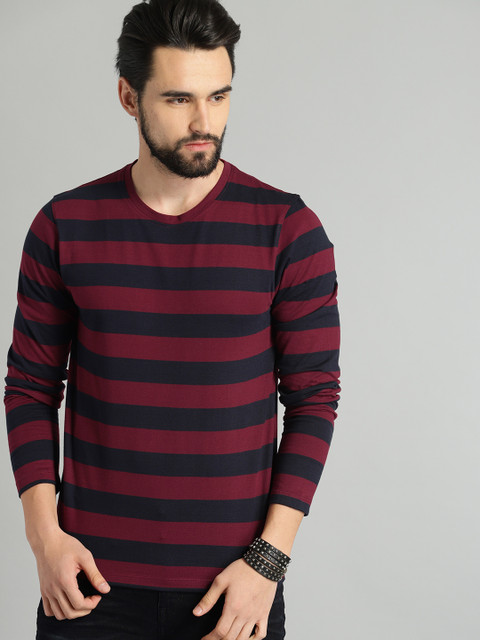 

The Roadster Lifestyle Co Men Navy Blue Striped Round Neck T-shirt
