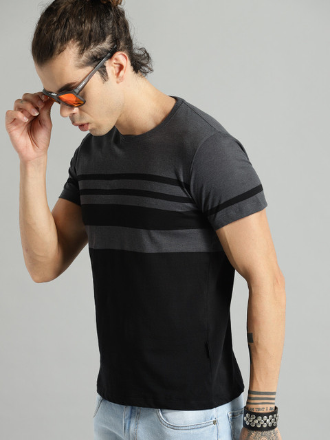 

Roadster Men Black & Charcoal Grey Striped Colourblocked Round Neck T-shirt