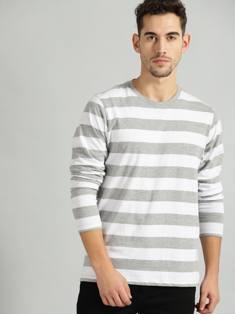 

The Roadster Lifestyle Co Men Grey Melange & White Striped Round Neck T-shirt