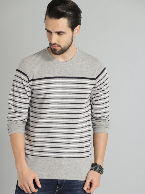 

Roadster Men Grey Melange & Navy Striped T-shirt
