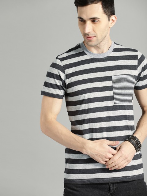 

Roadster Men Grey Melange & Black Striped Round Neck T-shirt