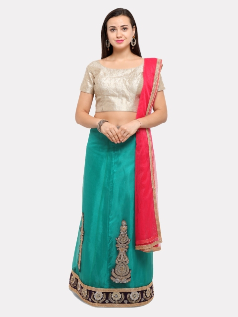 

MOKSHA DESIGNS Teal & Pink Solid Semi-Stitched Lehenga & Unstitched Blouse with Dupatta