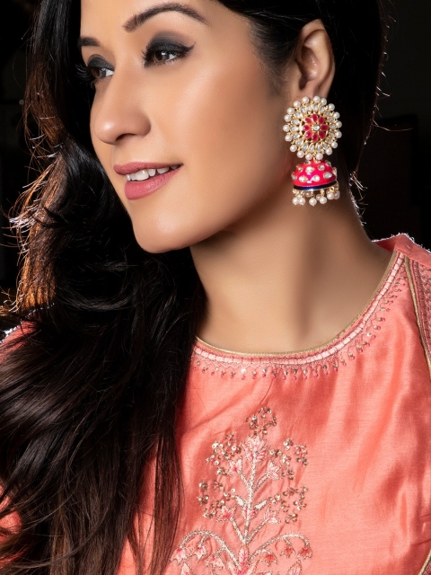 

Rubans Gold-Toned & Pink Dome Shaped Jhumkas