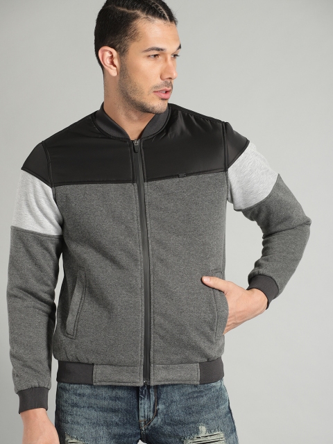 

Roadster Men Grey Melange Colourblocked Bomber Jacket