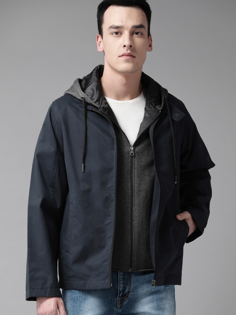 

Roadster Men Navy Blue & Charcoal Grey Hooded Solid Open Front Jacket