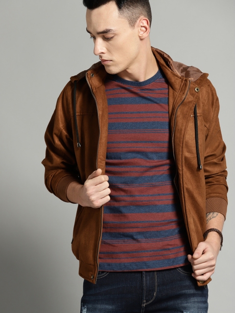 

Roadster Men Mustard Brown Solid Hooded Bomber Jacket