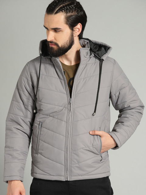 

Roadster Men Grey Solid Hooded Jacket