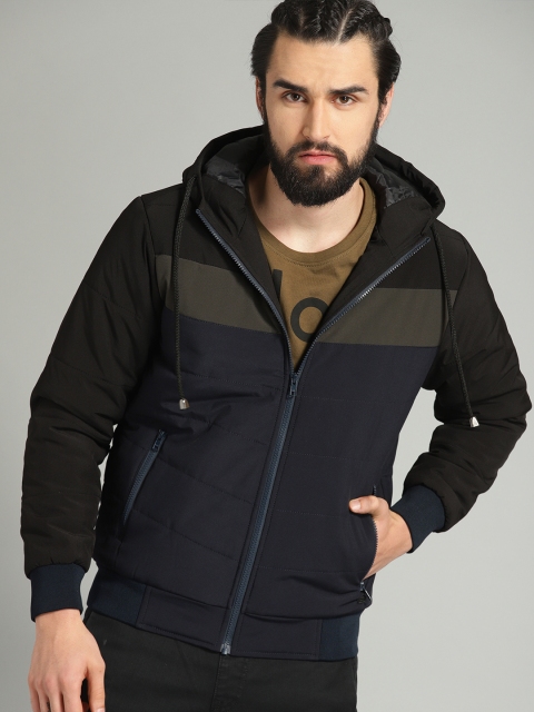 

Roadster Men Navy Blue & Green Striped Hooded Bomber Jacket