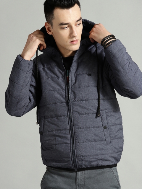 

Roadster Men Navy Blue Solid Hooded Padded Jacket