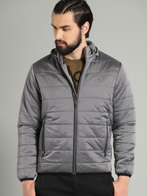 

Roadster Men Grey Solid Hooded Jacket