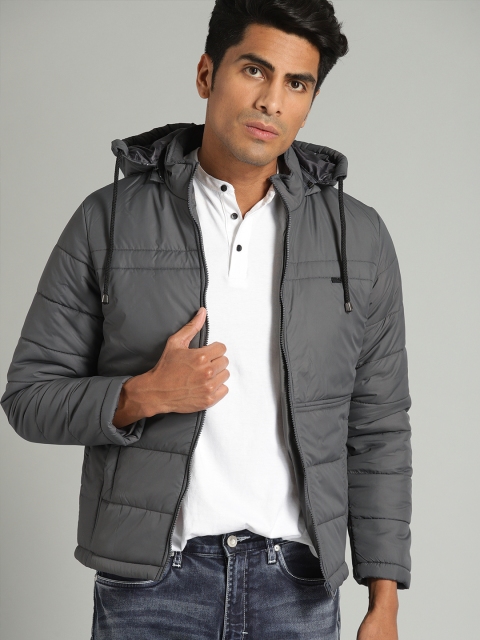 

Roadster Men Grey Solid Hooded Bomber Jacket