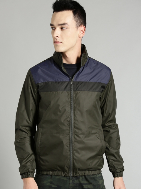 

Roadster Men Olive Green Colourblocked Hooded Tailored Jacket