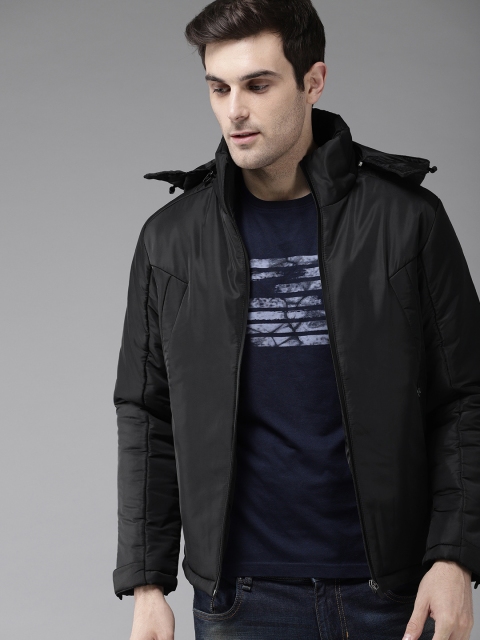 

Roadster Men Black Solid Padded Jacket with Detachable Hood