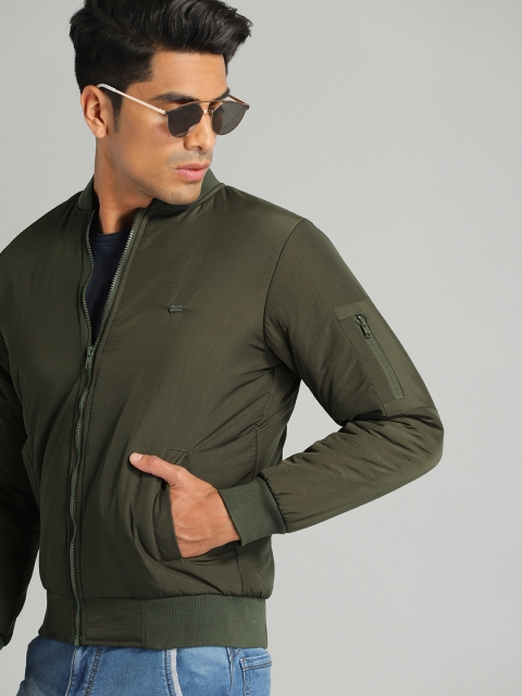 

Roadster Men Olive Green Solid Bomber Jacket