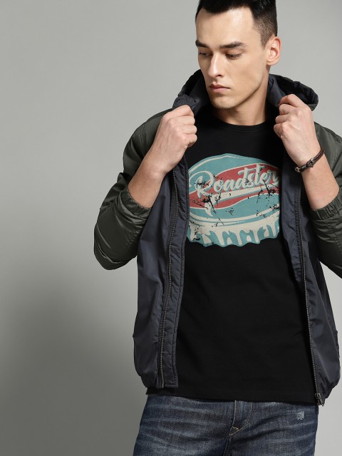 

Roadster Men Navy Blue & Olive Green Colourblocked Hooded Bomber Jacket
