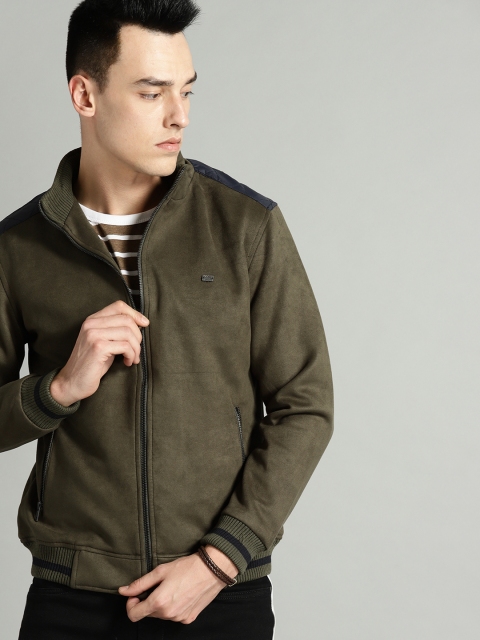 

Roadster Men Olive Green Solid Varsity Jacket