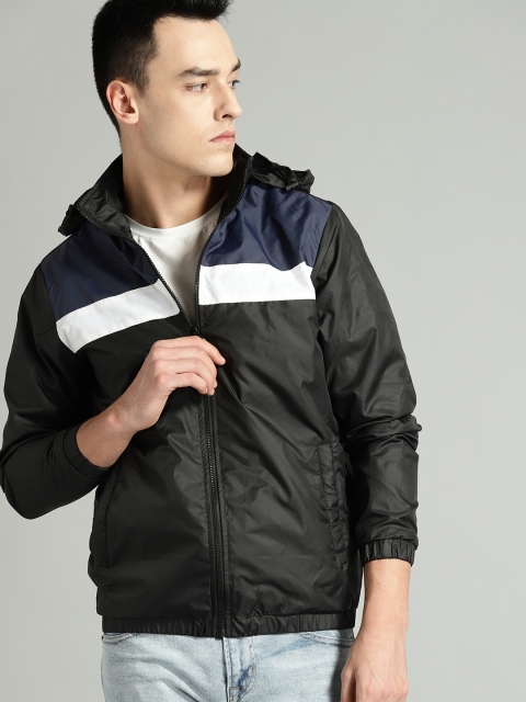 

Roadster Men Black & Navy Blue Colourblocked Lightweight Tailored Hooded Jacket
