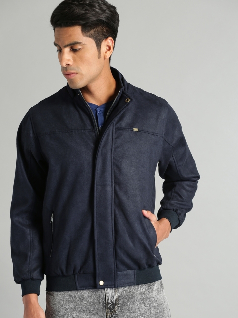 

Roadster Men Navy Blue Solid Bomber Jacket With Detachable Hood
