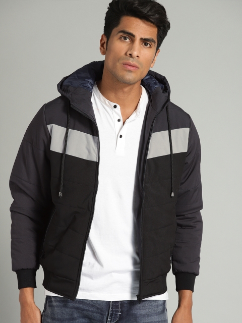 

Roadster Men Black & Grey Striped Hooded Bomber Jacket