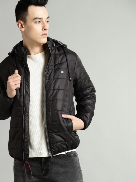 

Roadster Men Black Solid Padded Jacket with Detachable Hood