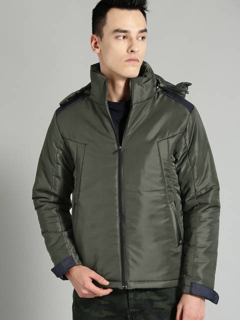 

Roadster Men Olive Green Solid Padded Jacket with Detachable Hood