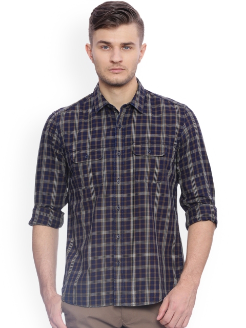 

Basics Men Navy Blue Slim Fit Checked Casual Shirt