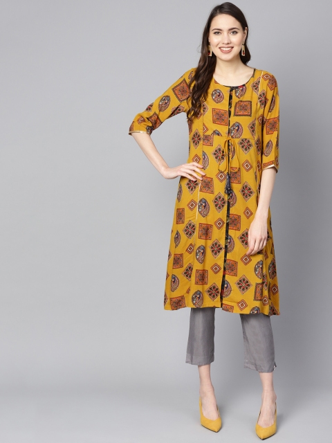 

Juniper Women Mustard Yellow & Brown Layered Printed A-Line Kurta