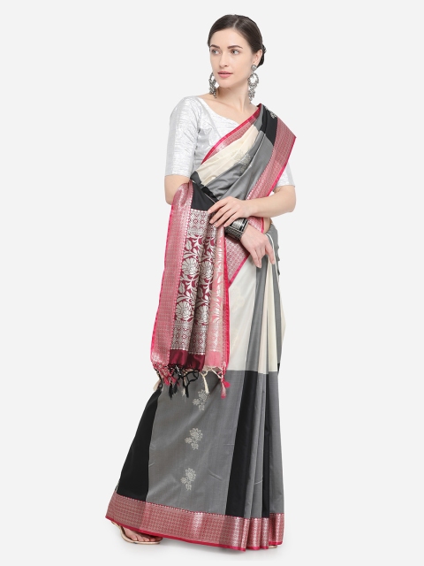 

Varkala Silk Sarees Black & White Silk Blend Colourblocked Kanjeevaram Saree