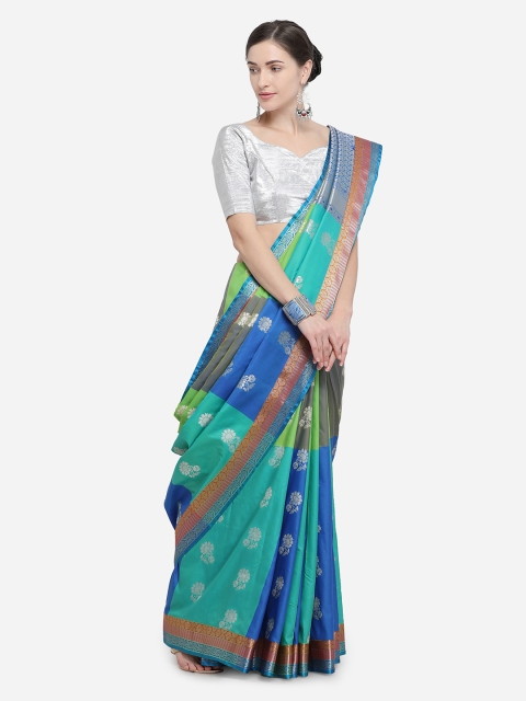 

Varkala Silk Sarees Turquoise Blue & Blue Silk Blend Colourblocked Kanjeevaram Saree