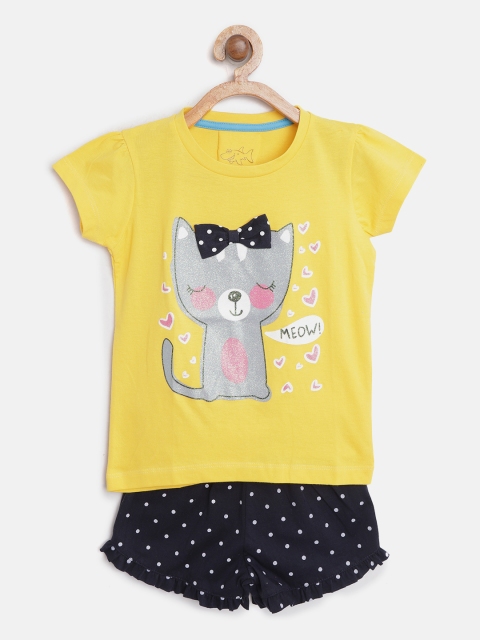 

Lazy Shark Girls Yellow & Navy Blue Printed T-shirt with Shorts