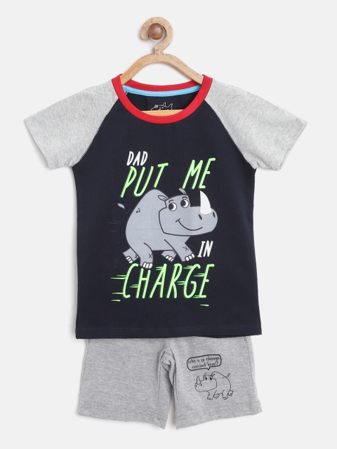 

Lazy Shark Boys Navy Blue & Grey Melange Printed T-shirt with Shorts