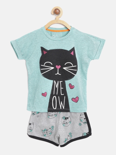 

Lazy Shark Girls Green & Grey Melange Printed T-shirt with Shorts