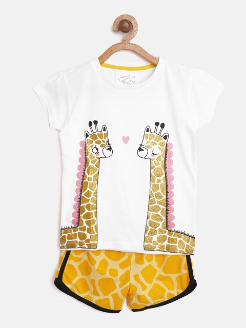 

Lazy Shark Girls White & Mustard Yellow Printed T-shirt with Shorts