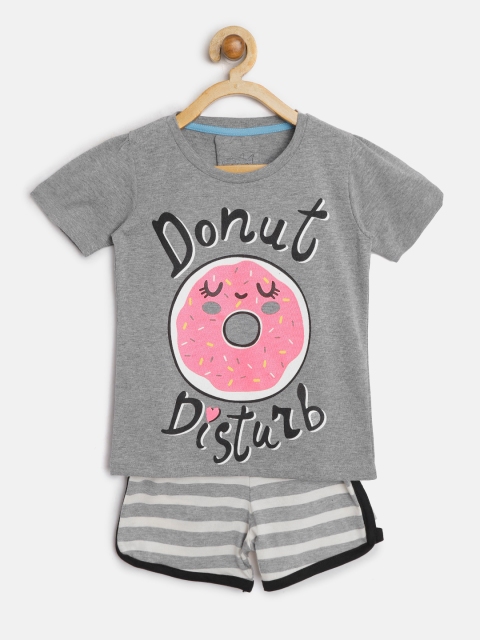 

Lazy Shark Girls Grey Melange & Pink Printed T-shirt with Shorts