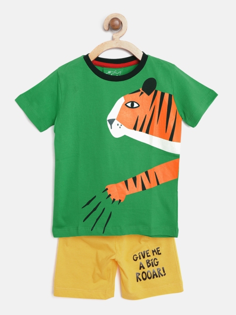 

Lazy Shark Boys Green & Yellow Printed T-shirt with Shorts