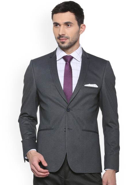 

Allen Solly Men Charcoal Solid Slim Fit Single-Breasted Pure Cotton Blazer