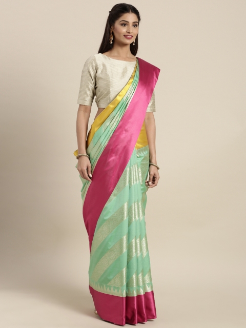 

Varkala Silk Sarees Sea Green & Pink Silk Blend Woven Design Kanjeevaram Saree