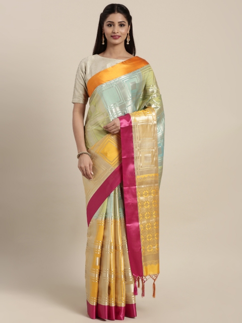 

Varkala Silk Sarees Mustard Yellow & Pink Silk Blend Woven Design Kanjeevaram Saree