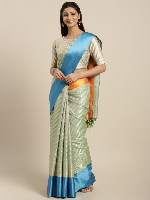 

Varkala Silk Sarees Green & Blue Silk Blend Striped Kanjeevaram Saree