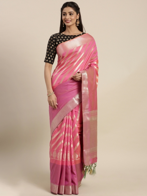 

Varkala Silk Sarees Magenta & Gold-Toned Silk Blend Striped Kanjeevaram Saree