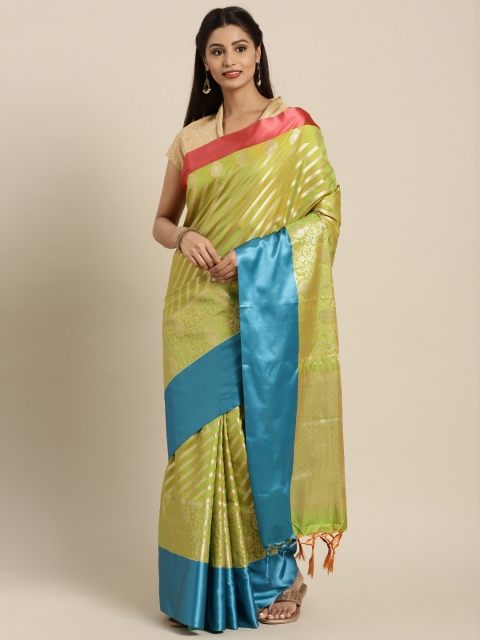 

Varkala Silk Sarees Green & Blue Silk Blend Striped Kanjeevaram Saree