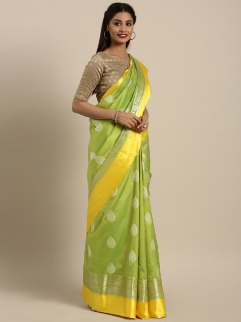 

Varkala Silk Sarees Green & Yellow Silk Blend Woven Design Kanjeevaram Saree