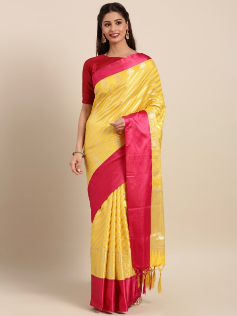 

Varkala Silk Sarees Yellow & Pink Silk Blend Striped Kanjeevaram Saree