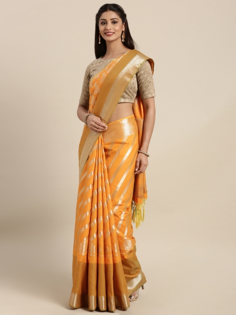 

Varkala Silk Sarees Orange & Brown Silk Blend Striped Kanjeevaram Saree