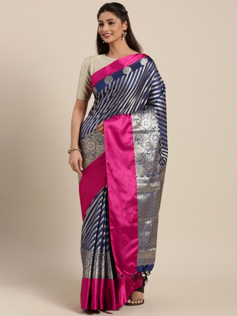 

Varkala Silk Sarees Navy Blue & Pink Kanjeevaram Traditional Saree