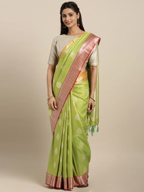 

Varkala Silk Sarees Green & Pink Silk Blend Woven Design Kanjeevaram Saree