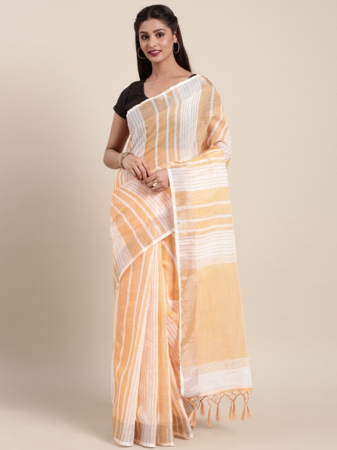 

Varkala Silk Sarees Orange & White Striped Linen Blend Saree