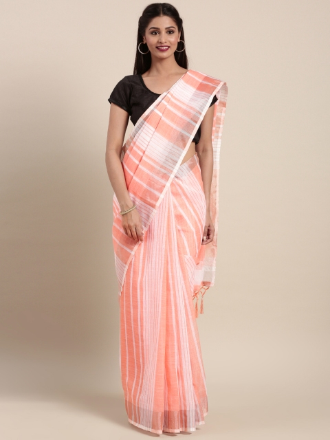 

Varkala Silk Sarees Peach-Coloured & White Striped Saree