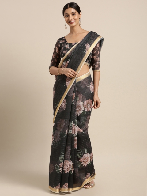 

Kvsfab Black Printed Chanderi Cotton Blend Saree