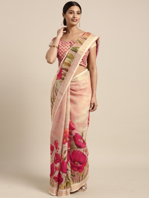 

Kvsfab Beige & Pink Printed Linen Blend Saree